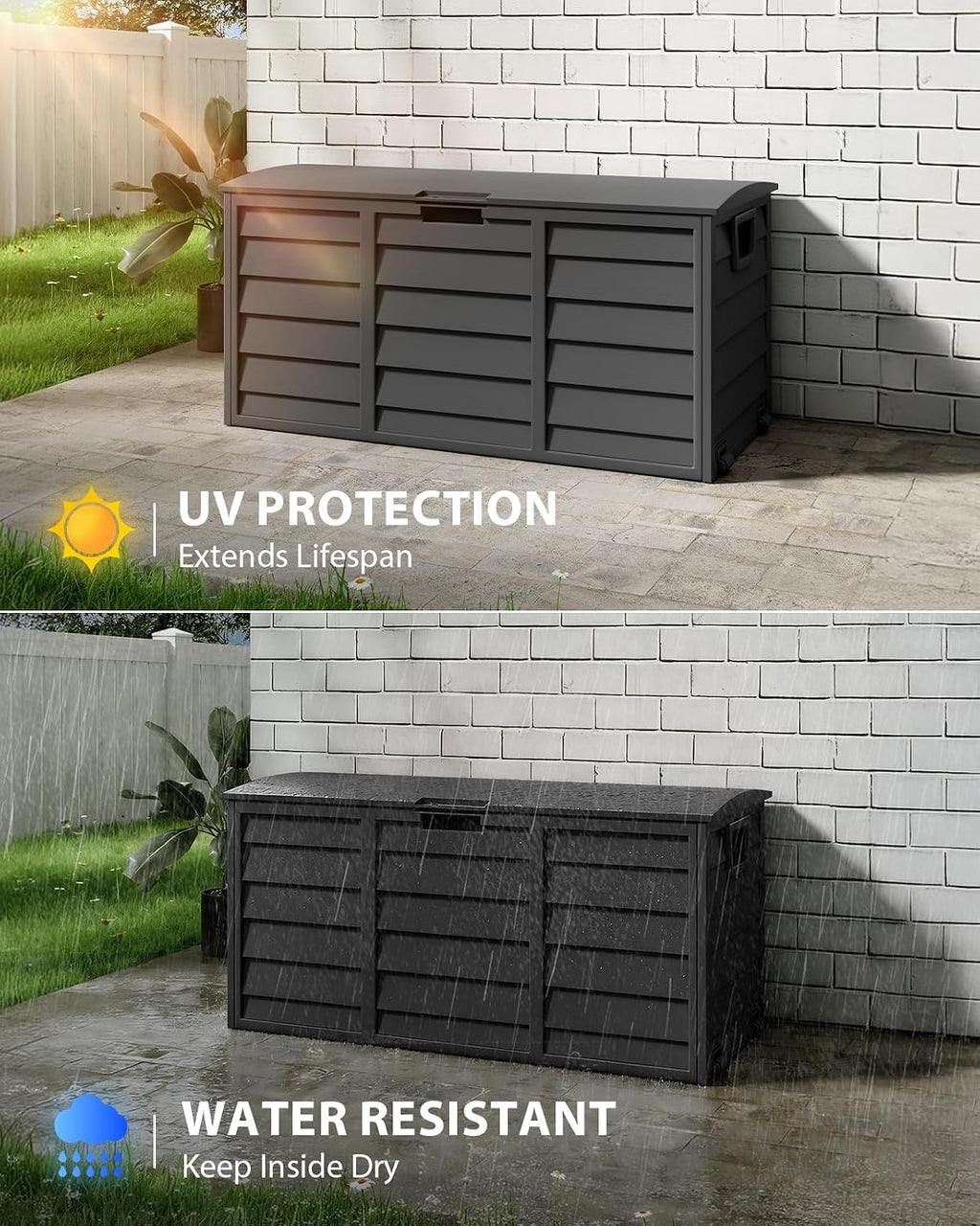 The Fellie Garden Storage Box with Wheels, 290L Lockable Garden Storage Boxes Waterproof, Plastic Outside Storage Box for Gardening Tools, Cushions, Toys, 112x49x54cm, Black