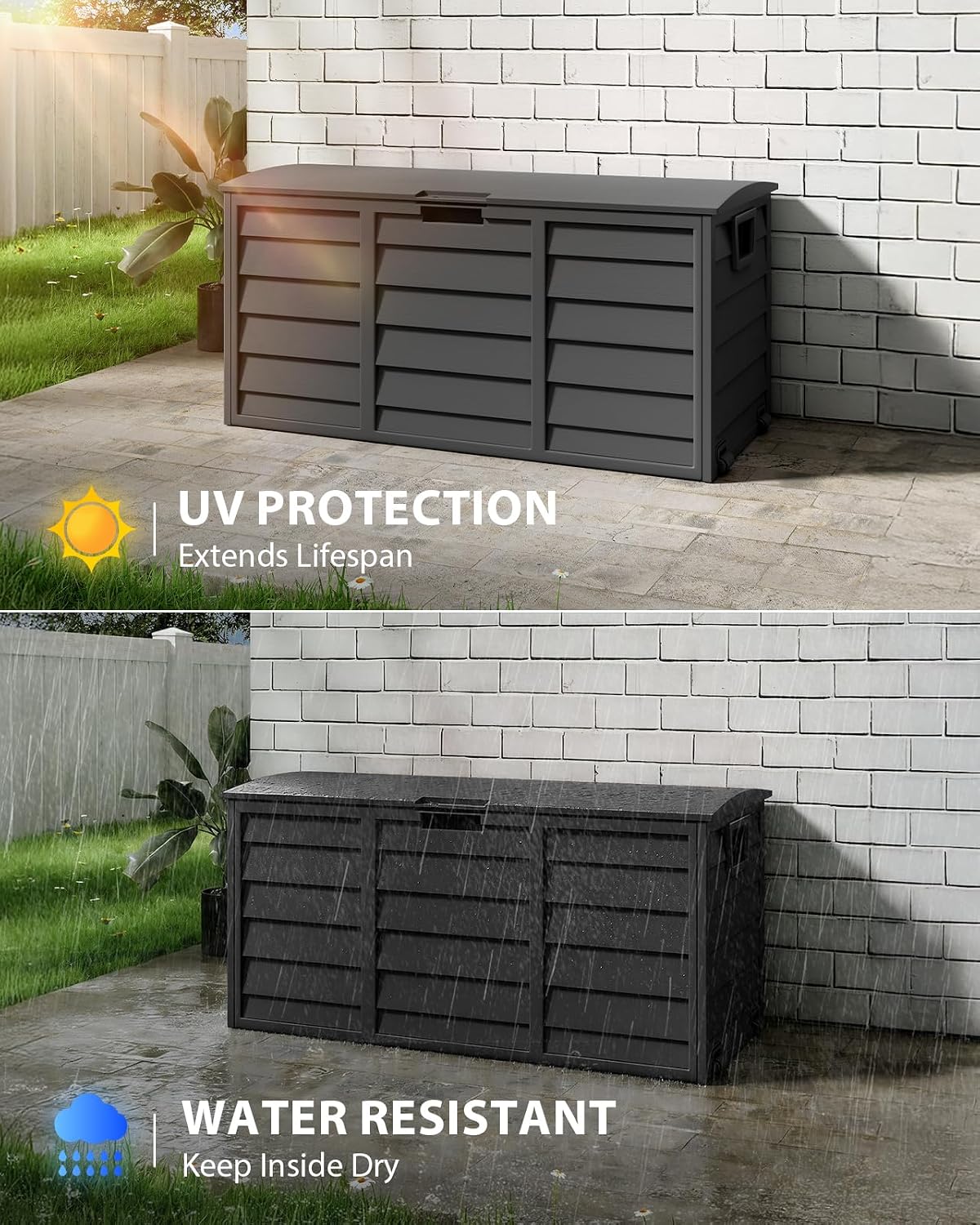 The Fellie Garden Storage Box with Wheels, 290L Lockable Garden Storage Boxes Waterproof, Plastic Outside Storage Box for Gardening Tools, Cushions, Toys, 112x49x54cm, Black