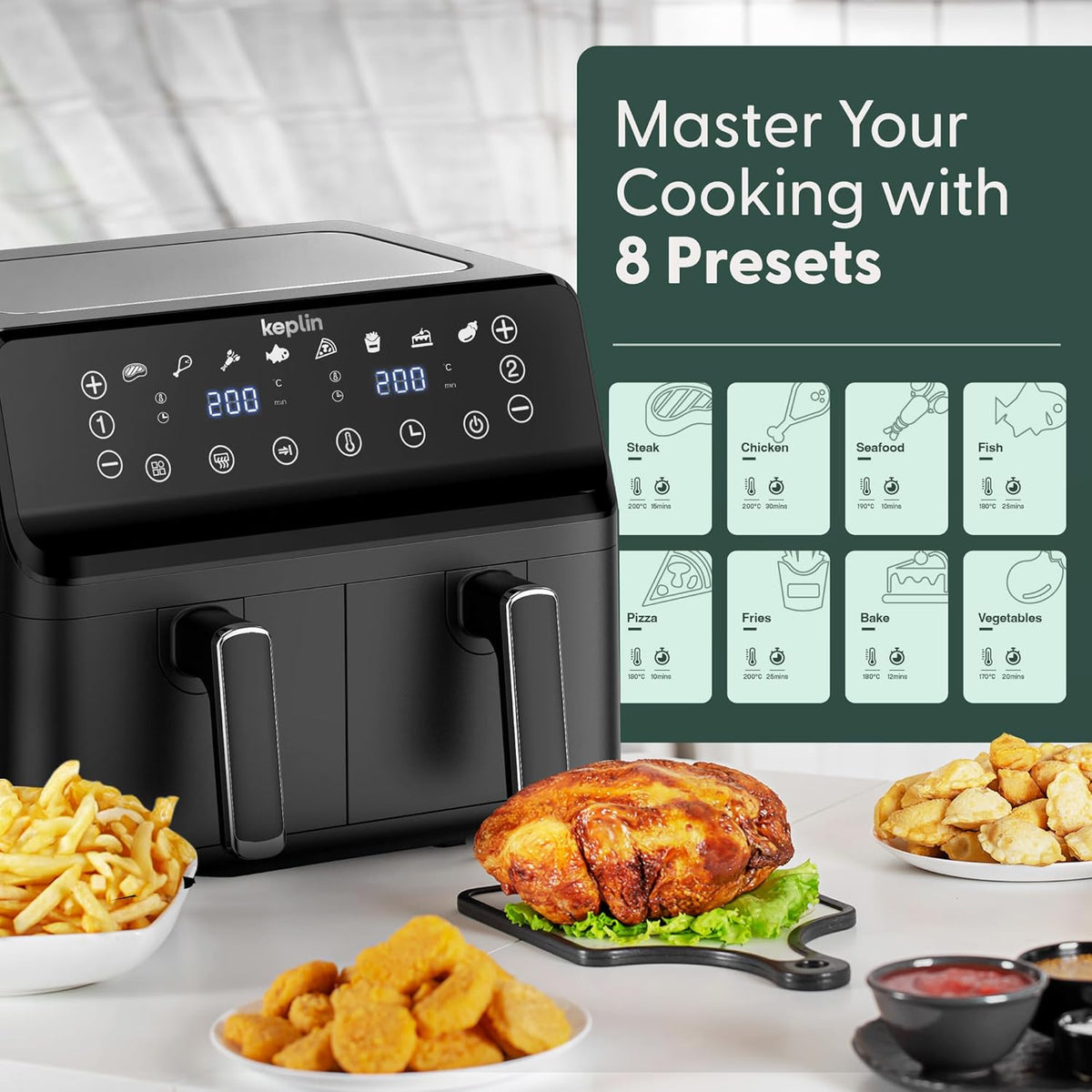 Keplin 9L Dual Zone Air Fryer - 8in1 Cooking Functions - 2700W Energy-Saving Cooker - Extra-Large Capacity for Healthy Meals - Roast, Bake, Dehydrate, Reheat,- Family Size -2 Years Warranty