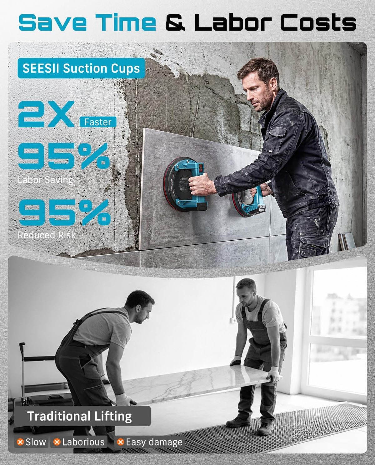 SEESII Electric Tile Suction Cup Lifters, 8-Inch Battery Glass Suckers Lifters with 4x 2400mAh Batteries, LED Display, 600 LBS Max Load Heavy-Duty Vacuum Suction Cups for Tile/Window/Granite