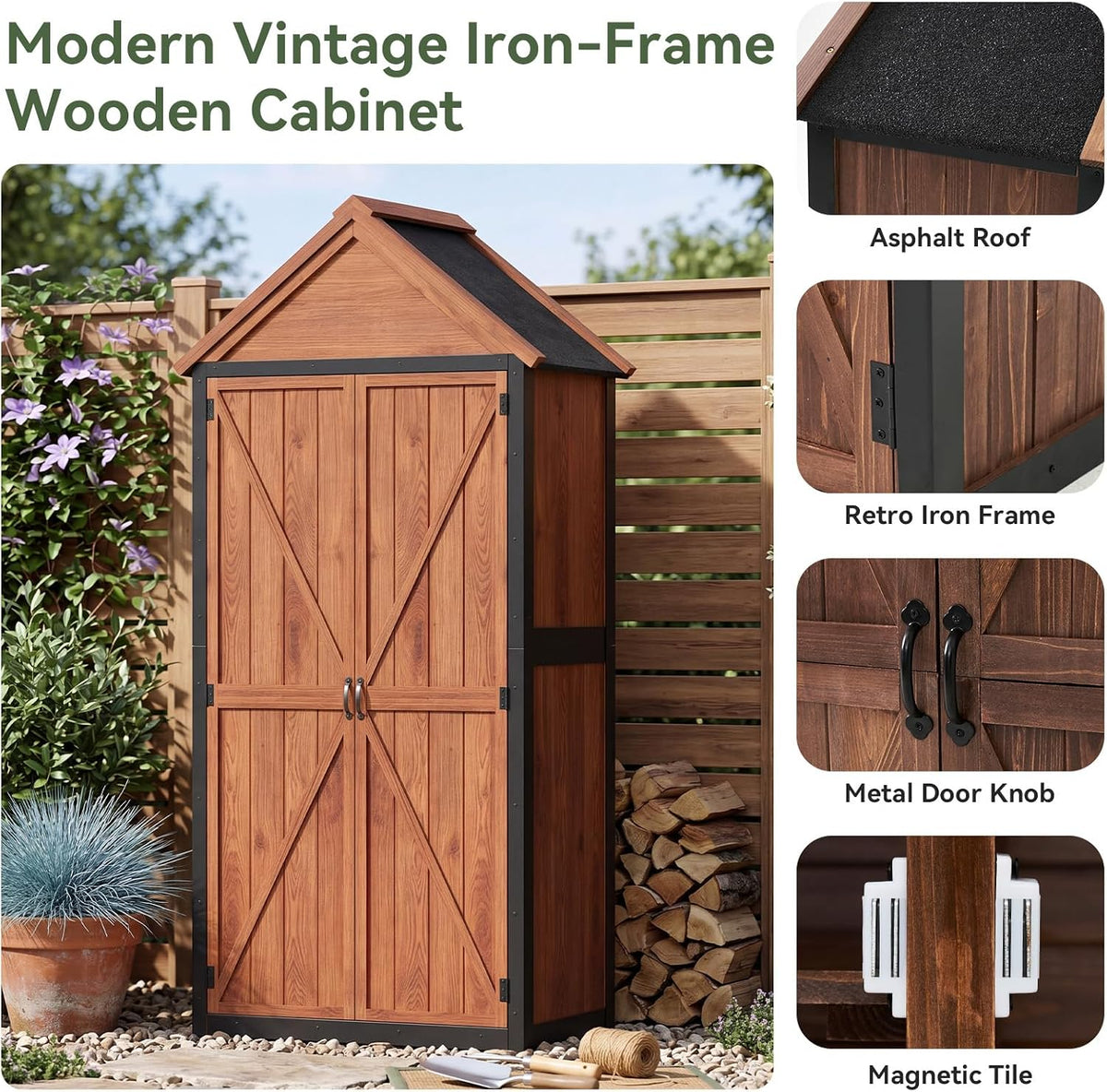 Aoxun Tall Wooden Garden Cabinet 70x38x166cm, 3 Shelves and Asphalt Roof