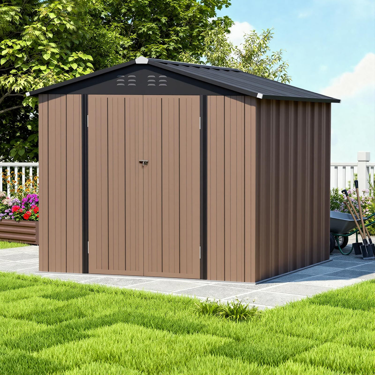Panana Metal Garden Shed Storage Sheds Heavy Duty Outdoor FREE Base Foundation Green/Grey Color (6X4 Grey)
