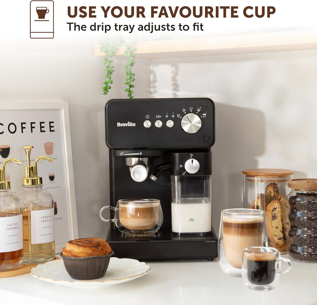 Breville Prima Latte One-Touch Espresso Maker | Auto Milk Frother | Coffee Machine for CappuccinosLattes & More | 15 Bar Italian Pump | Black | VCF183