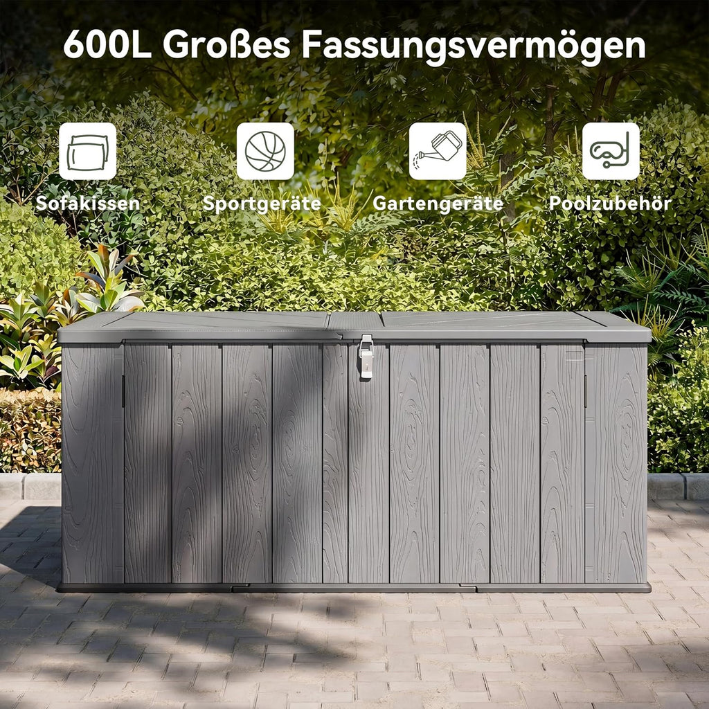Aoxun Outdoor Deck Box 600L, Large Resin Outdoor Storage Box with Lid, Waterproof & UV-Resistant Garden Storage for Cushions, Tools, and Pool Accessories 4.7x2.2FT(Grey)
