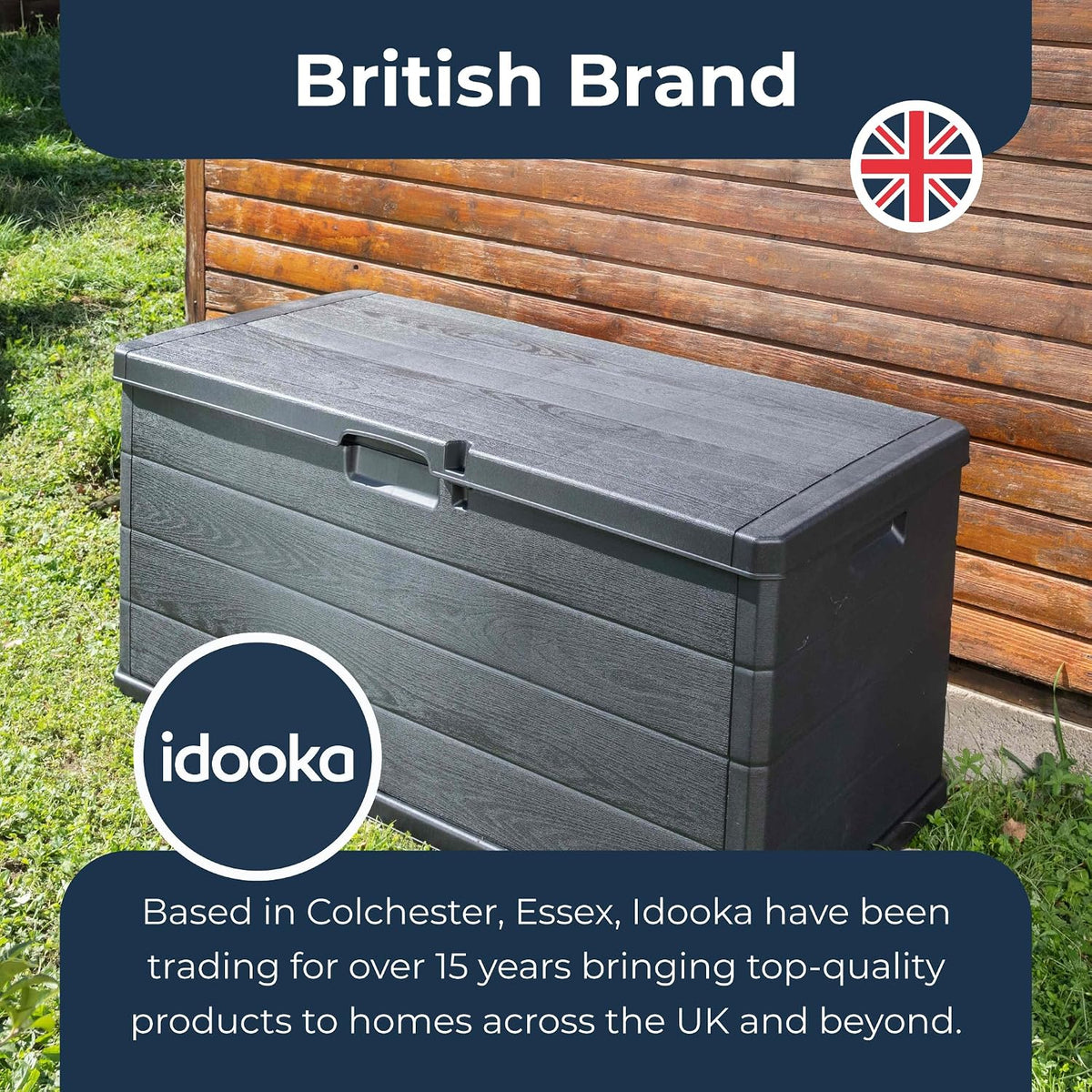 Large Garden Storage Box with Lid - 340L Lockable Plastic Outdoor Storage for Parcels, Cushions, Tools, Logs and More - Grey, Water-Resistant Deck Box for Garden or Garage