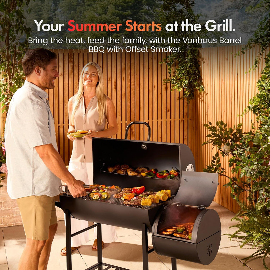 VonHaus Charcoal BBQ – Portable Barrel Barbecue with Offset Smoker, Temperature Gauge, Wheels, Large Cooking Grill, Air Vents – 2 in 1 Barbeque and Smoker – Grill Meat, Fish & Vegetables