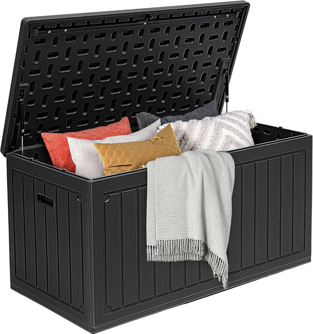 DWVO 340L Resin Outdoor Storage Box, Double-Wall Waterproof Deck Box with Wood Texture, Lockable Garden Storage that Doubles as Table or Bench (450 lbs Capacity)–Black