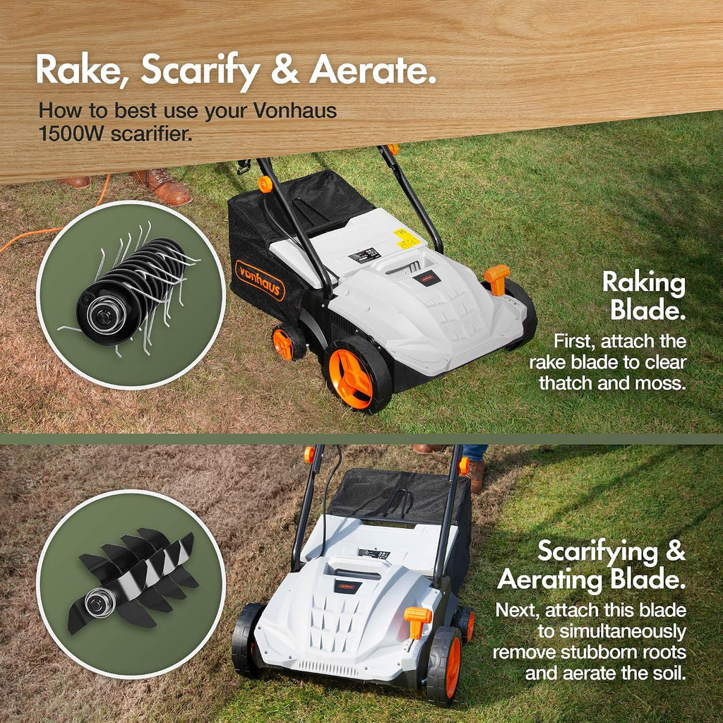 VonHaus Lawn Scarifier/Aerator/Rake Corded 1500W – 30L Box, 10m Cable
