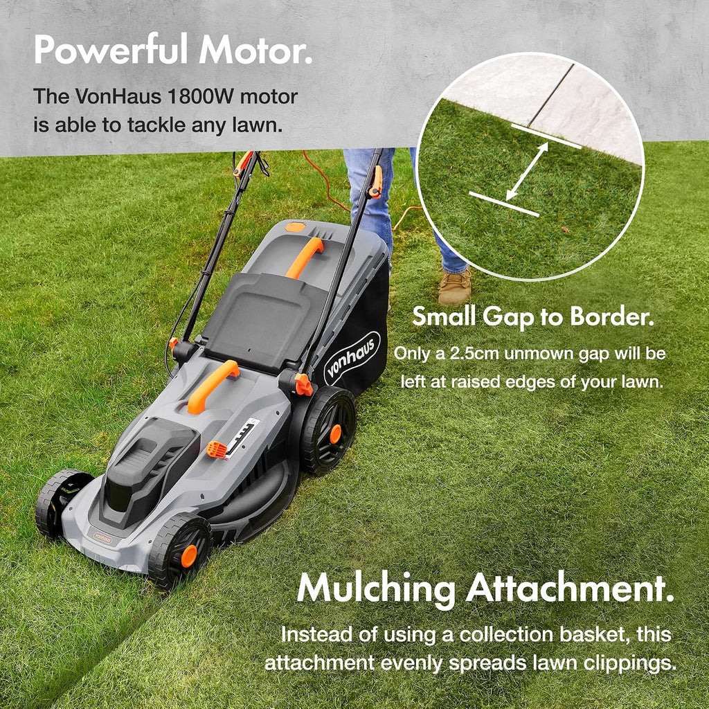 VonHaus Lawnmower Corded 1800W – 52L Box, 12m Cable, Mulching Attachment