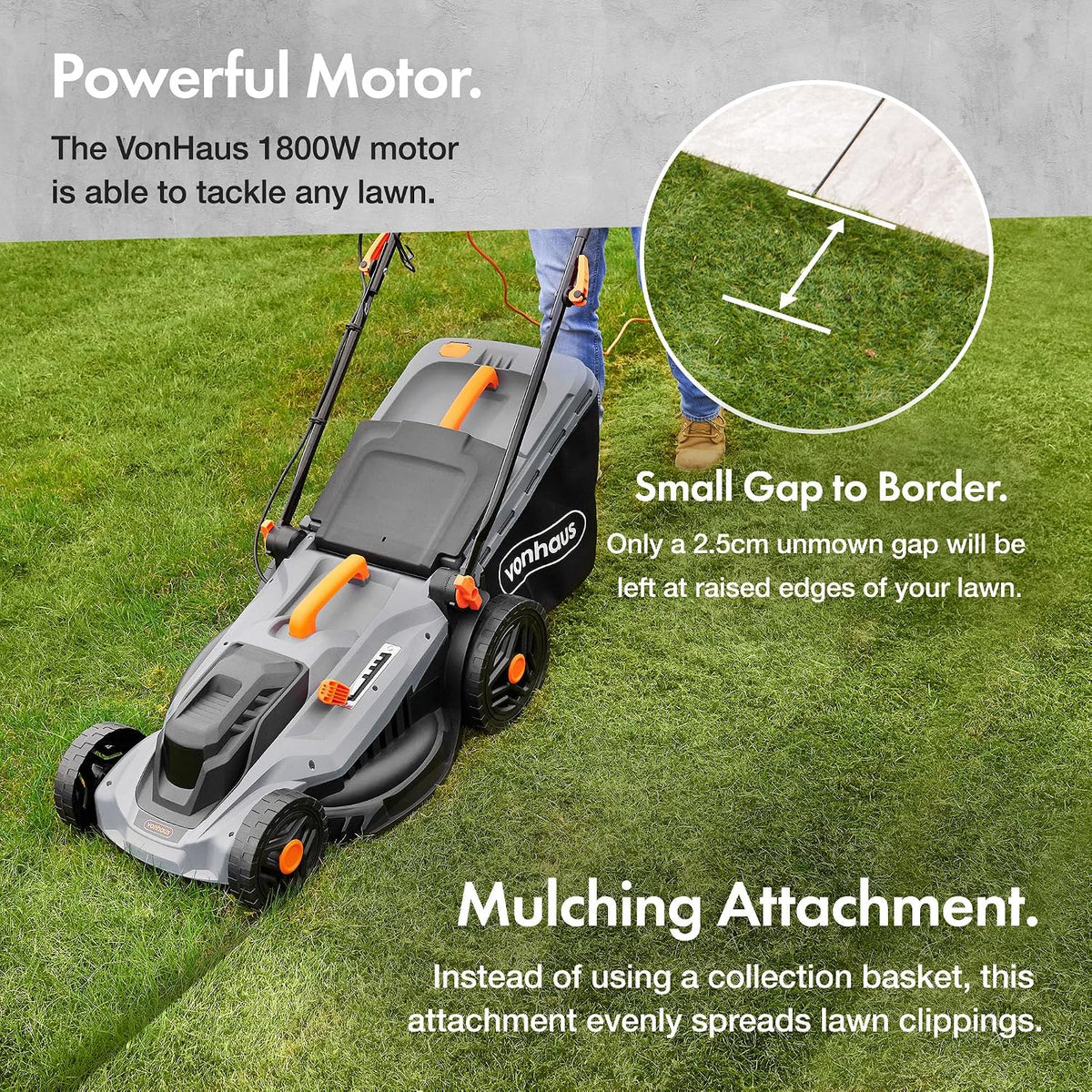 VonHaus Lawnmower Corded 1800W – 52L Box, 12m Cable, Mulching Attachment