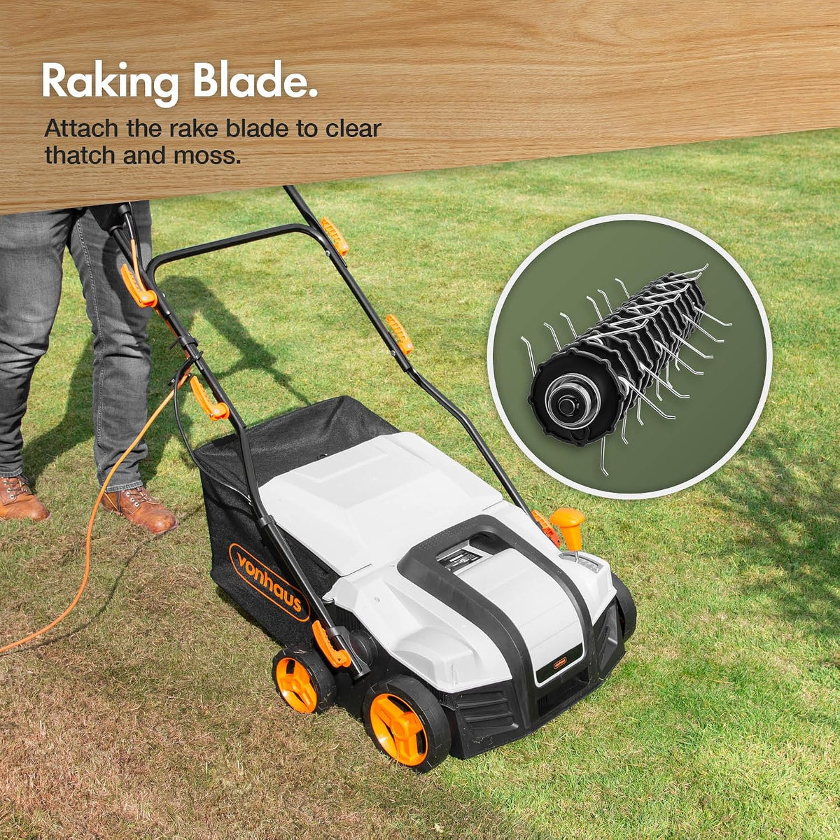 VonHaus Lawn Scarifier/Aerator/Rake Corded 1800W – 55L Box, 10m Cable