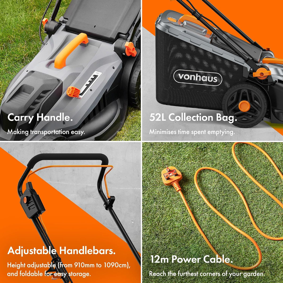 VonHaus Lawnmower Corded 1800W – 52L Box, 12m Cable, Mulching Attachment