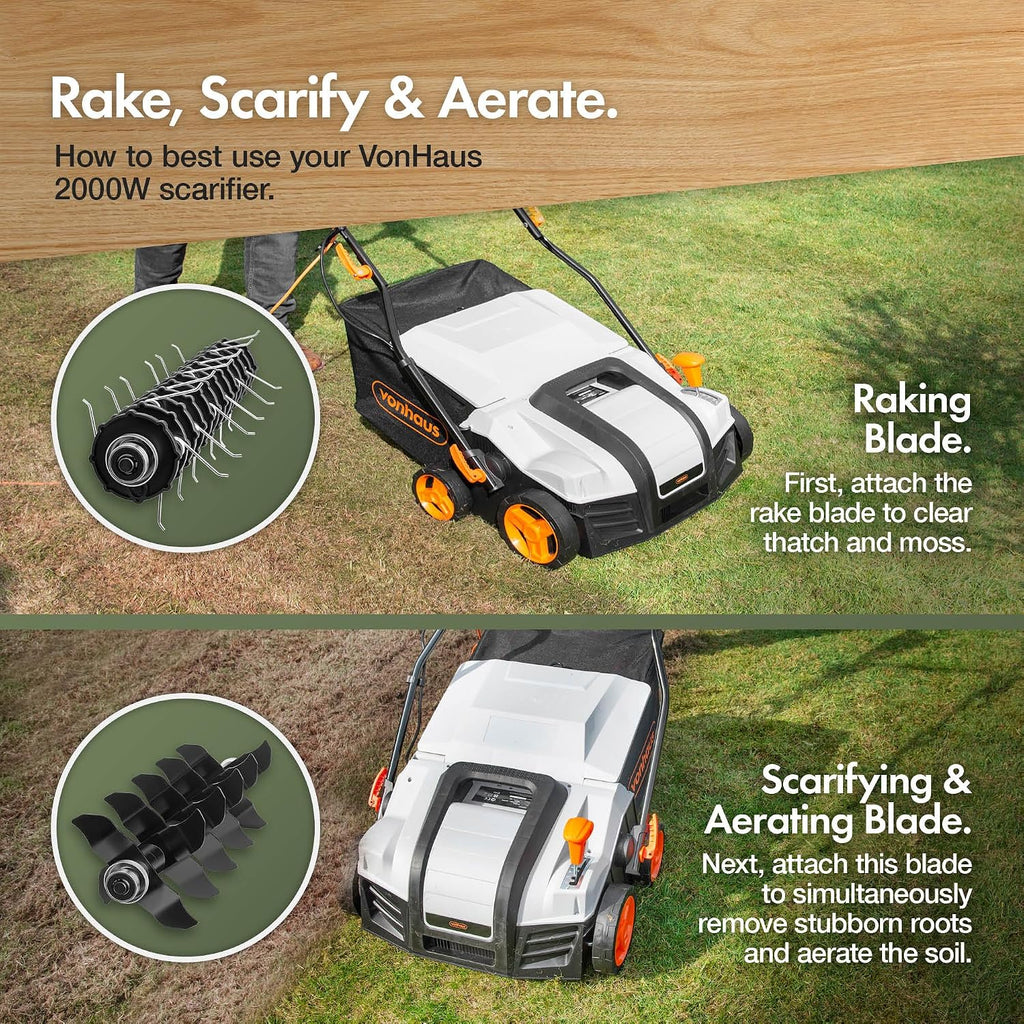 VonHaus Lawn Scarifier/Aerator/Rake Corded 2000W – 55L Box, 12m Cable