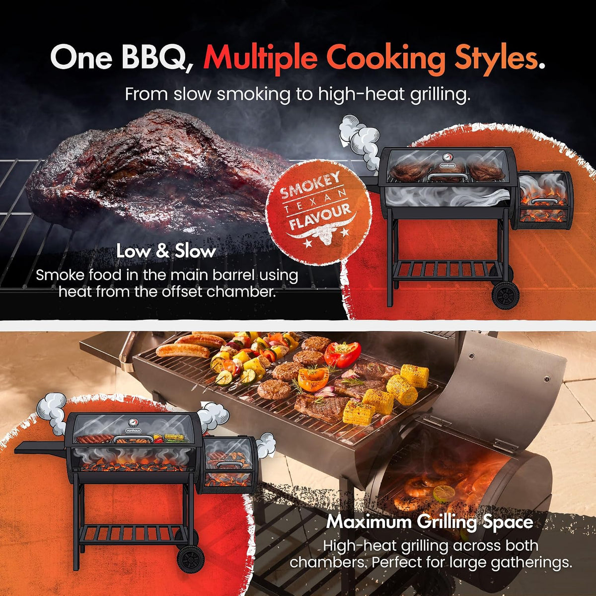 VonHaus Charcoal BBQ – Portable Barrel Barbecue with Offset Smoker, Temperature Gauge, Wheels, Large Cooking Grill, Air Vents – 2 in 1 Barbeque and Smoker – Grill Meat, Fish & Vegetables