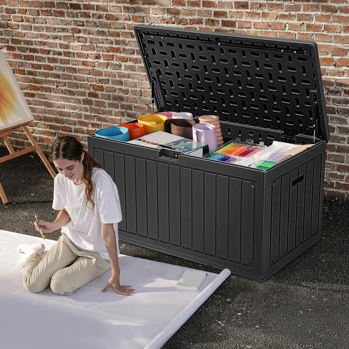 DWVO 340L Resin Outdoor Storage Box, Double-Wall Waterproof Deck Box with Wood Texture, Lockable Garden Storage that Doubles as Table or Bench (450 lbs Capacity)–Black