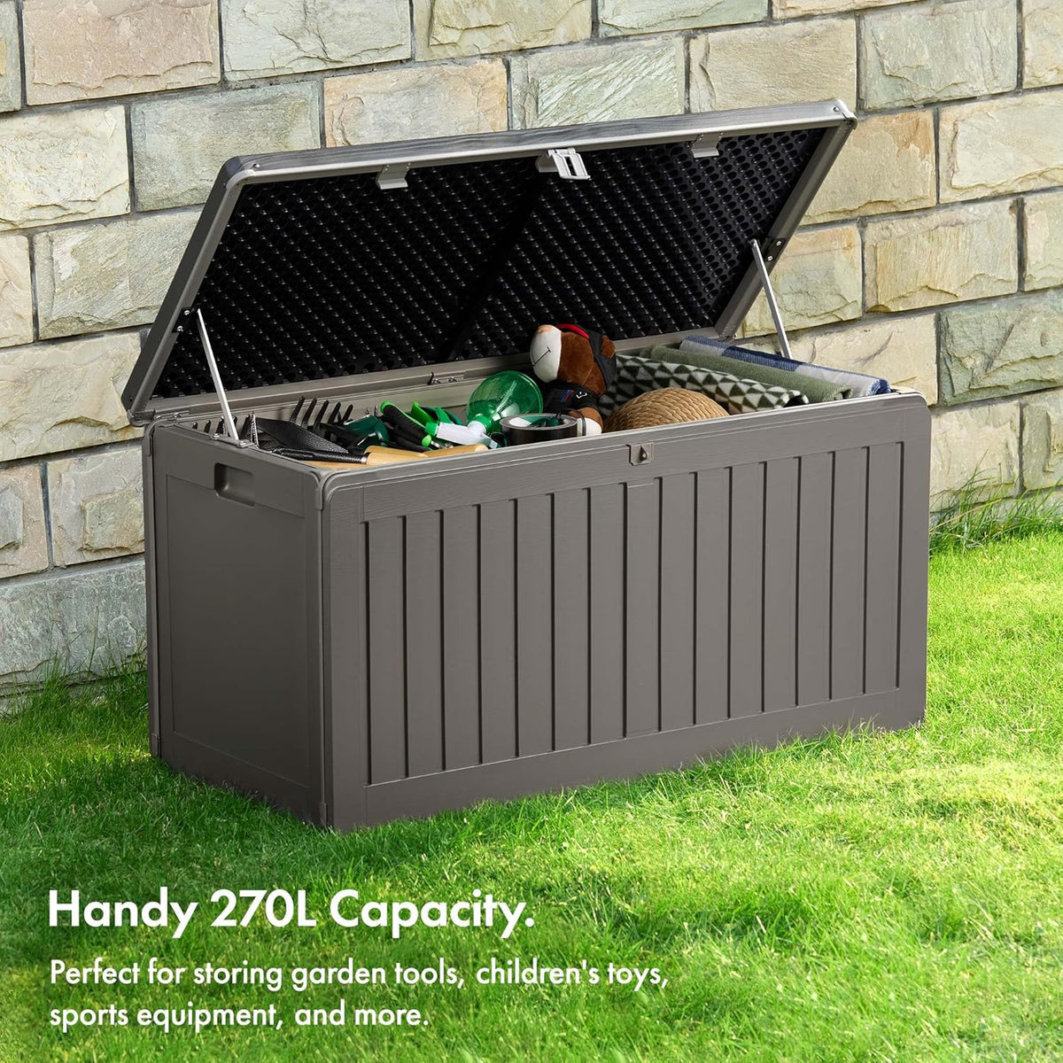 VonHaus Garden Storage Box 270L – Outdoor Utility Chest Organiser – Weatherproof Plastic, Lockable Lid, Sliding Bar Hinge, Carry Handles, Portable – For Garden, Patio, Balcony, Decking – Grey, Black