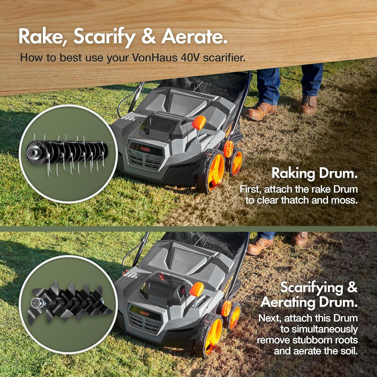 VonHaus Lawn Scarifier/Aerator/Rake Cordless 40V – x2 20V Batteries/Charger