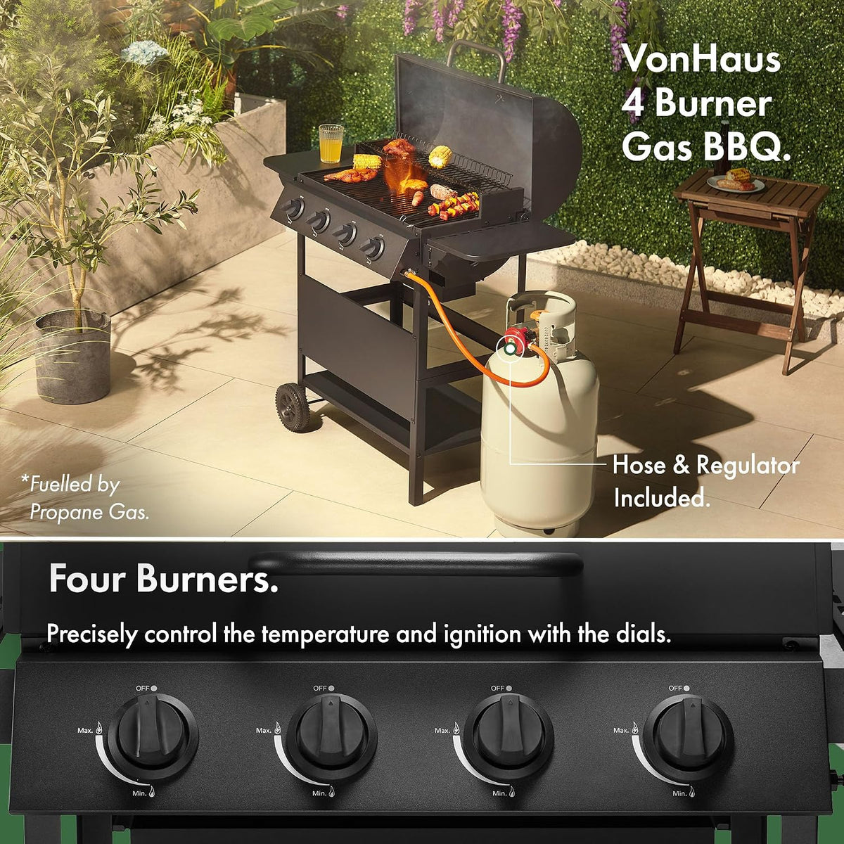 VonHaus Gas BBQ – Barbecue with x4 Gas Burners, Warming Rack, Fold Down Shelves, Temperature Gauge, Wheels, Large Cooking Grill & More – Barbeque that can Grill Meat, Fish & Vegetables