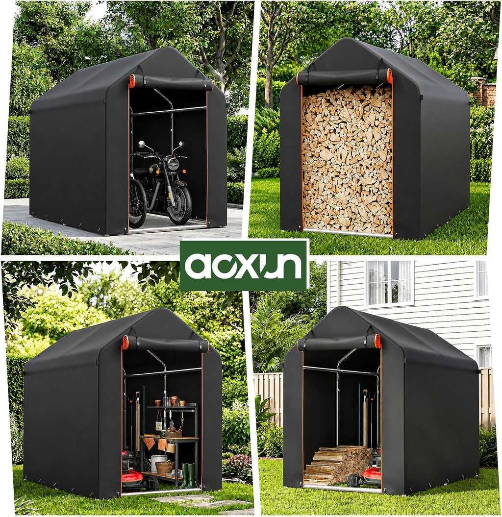 Aoxun 1.8x1.2M Heavy Duty Outdoor Storage Shed, Portable Waterproof Bike Shed Shelter and Garden Storage Tent, Roll-up Door Carport for Motorcycle and Lawn Tools, Black