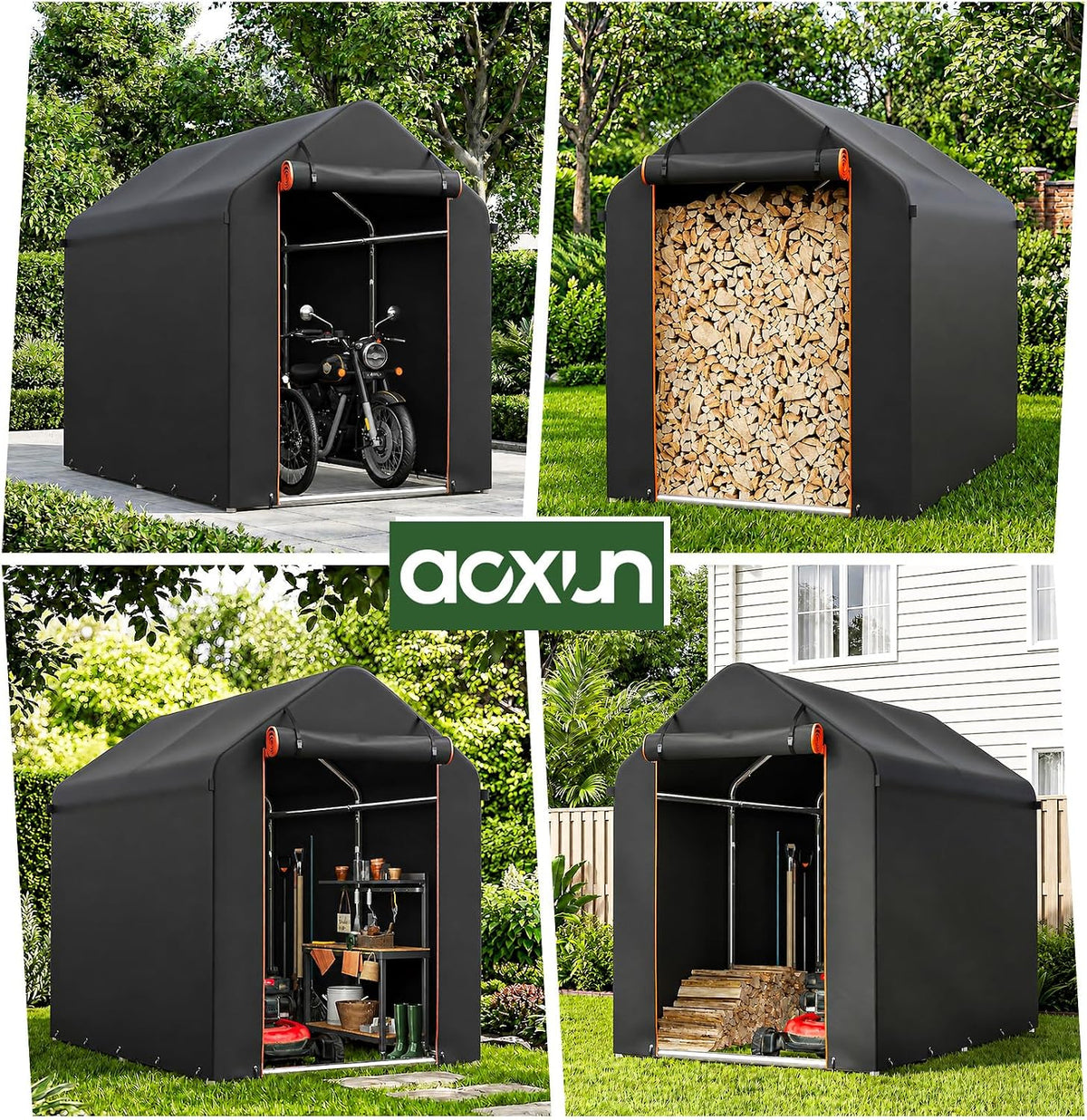Aoxun 1.8x1.2M Heavy Duty Outdoor Storage Shed, Portable Waterproof Bike Shed Shelter and Garden Storage Tent, Roll-up Door Carport for Motorcycle and Lawn Tools, Black