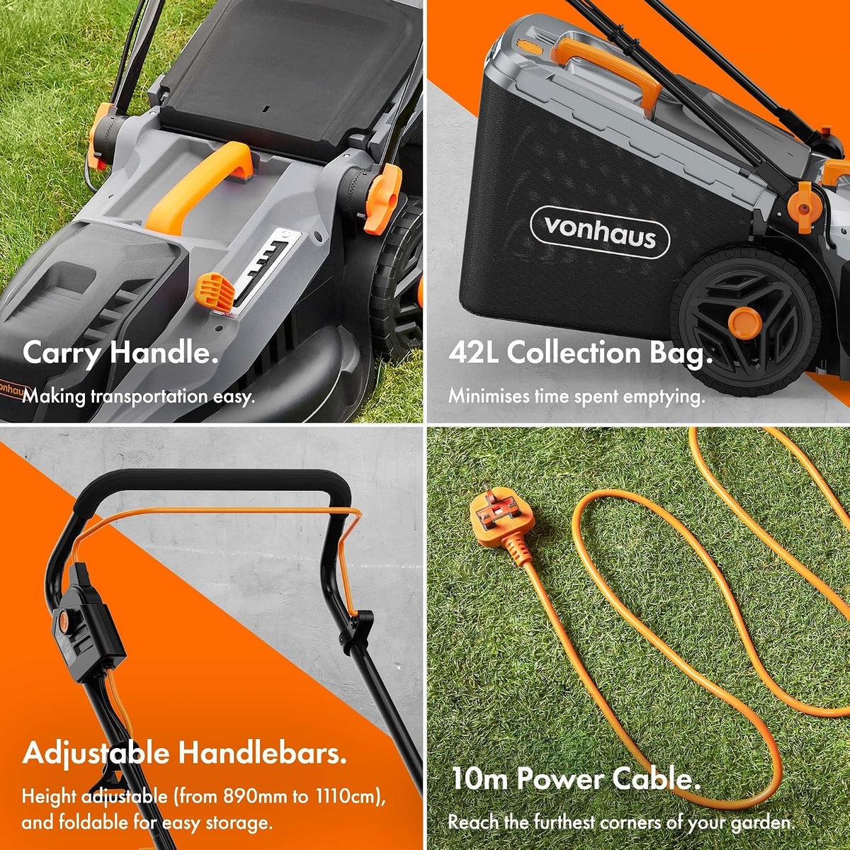 VonHaus Lawnmower Corded 1600W – 42L Box, 10m Cable