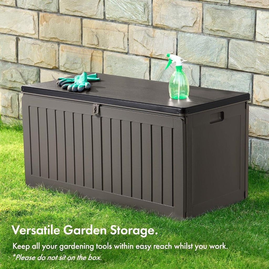 VonHaus Garden Storage Box 270L – Outdoor Utility Chest Organiser – Weatherproof Plastic, Lockable Lid, Sliding Bar Hinge, Carry Handles, Portable – For Garden, Patio, Balcony, Decking – Grey, Black