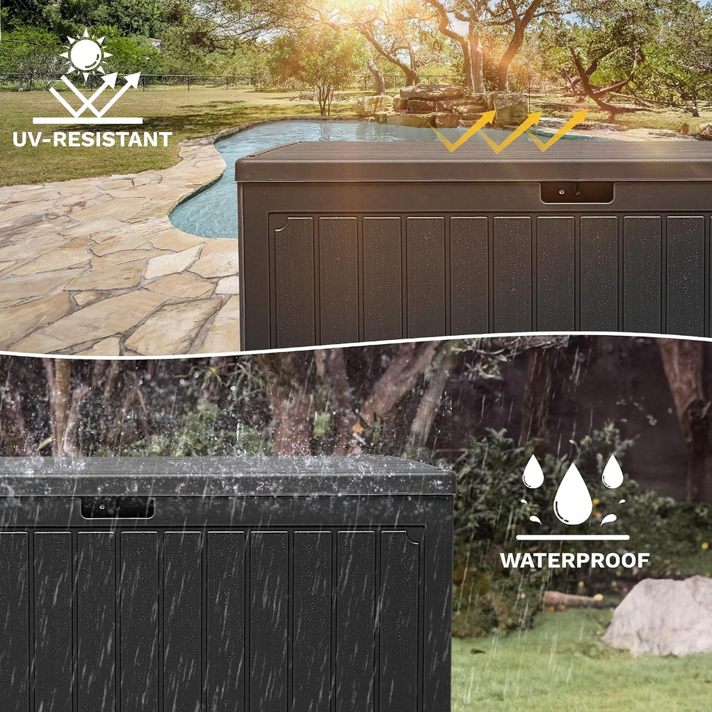 DWVO 340L Resin Outdoor Storage Box, Double-Wall Waterproof Deck Box with Wood Texture, Lockable Garden Storage that Doubles as Table or Bench (450 lbs Capacity)–Black