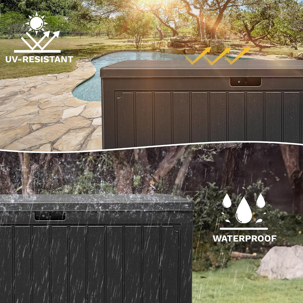 DWVO 340L Resin Outdoor Storage Box, Double-Wall Waterproof Deck Box with Wood Texture, Lockable Garden Storage that Doubles as Table or Bench (450 lbs Capacity)–Black