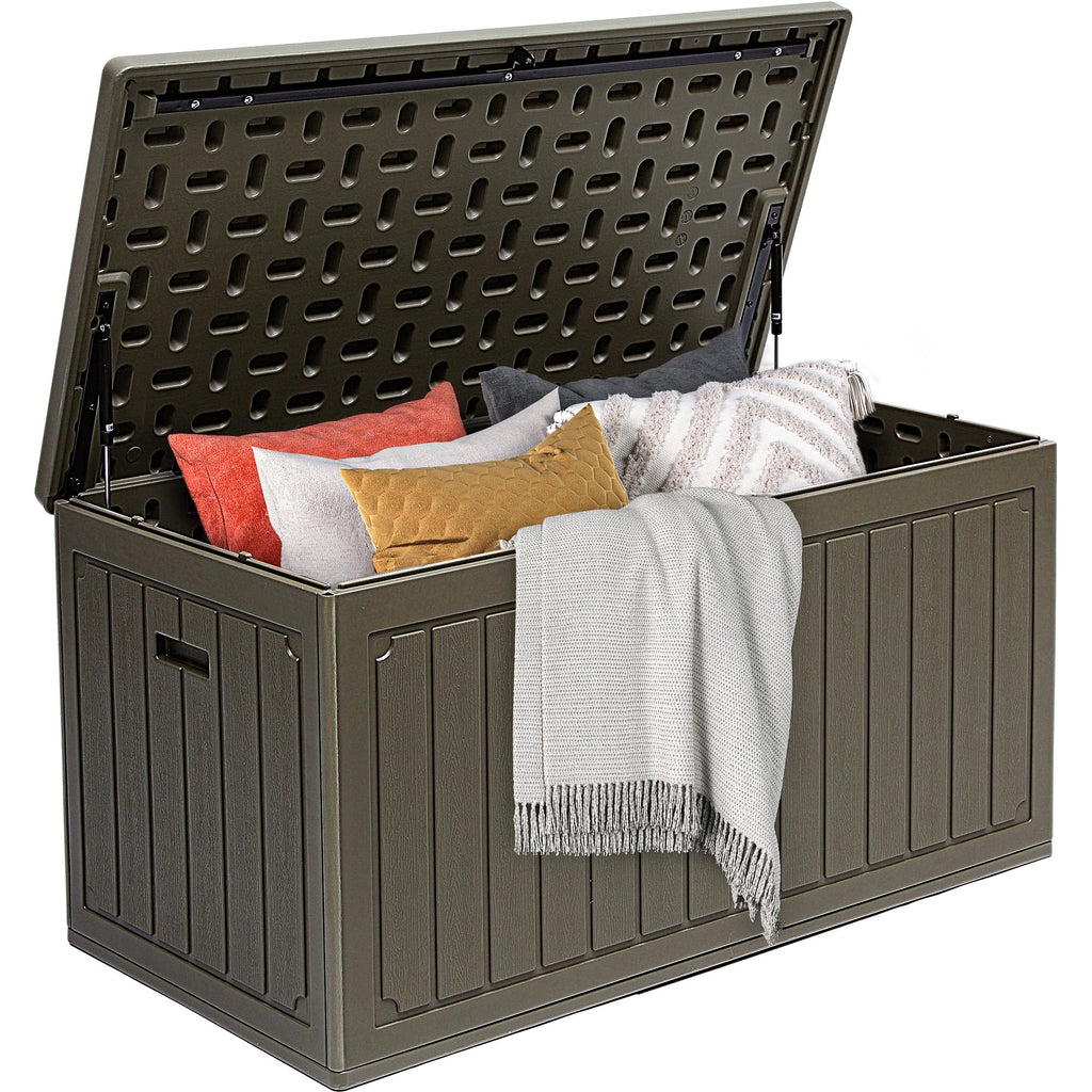 DWVO 340L Resin Outdoor Storage Box, Double-Wall Waterproof Deck Box with Wood Texture, Lockable Garden Storage that Doubles as Table or Bench (450 lbs Capacity)–Black