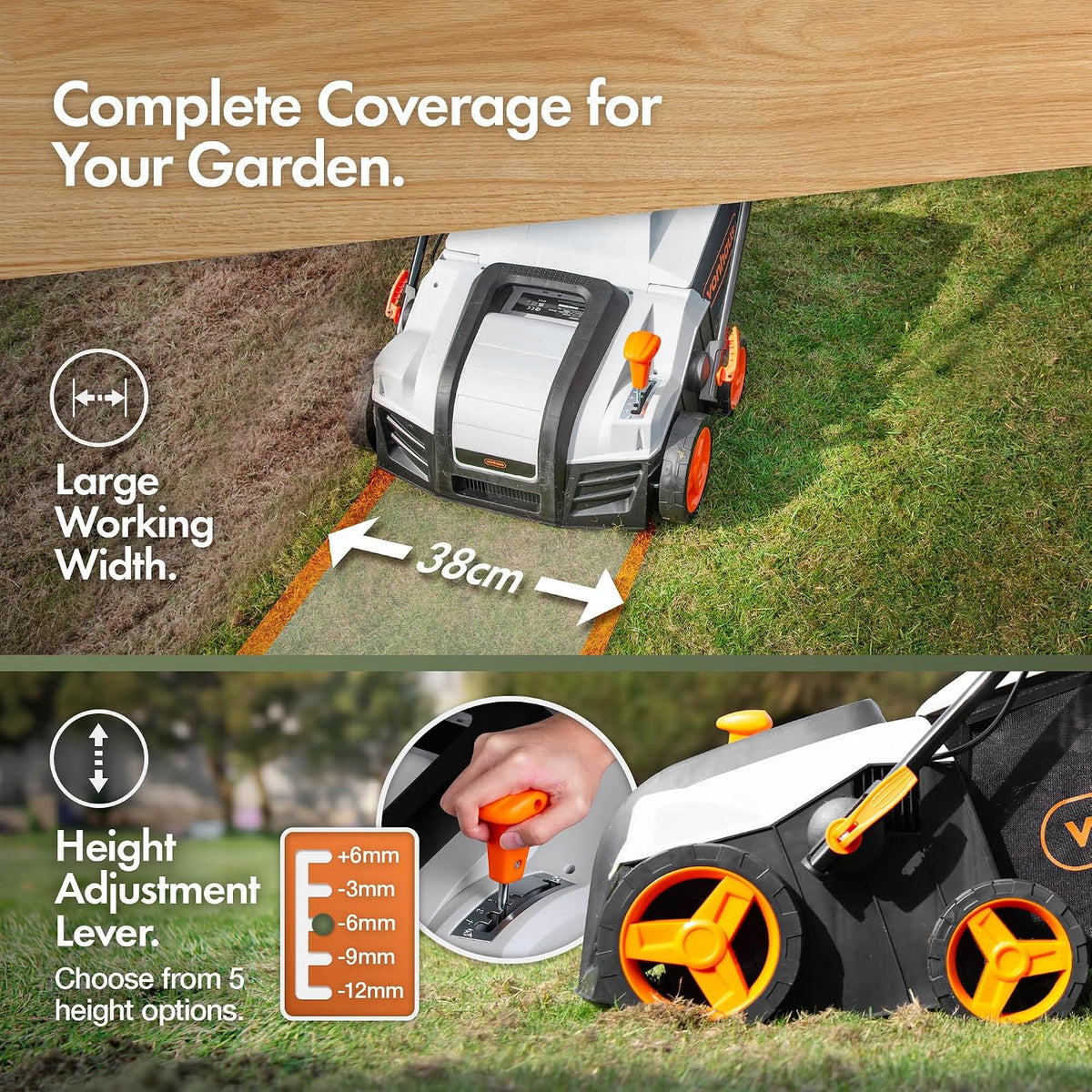 VonHaus Lawn Scarifier/Aerator/Rake Corded 1800W – 55L Box, 10m Cable