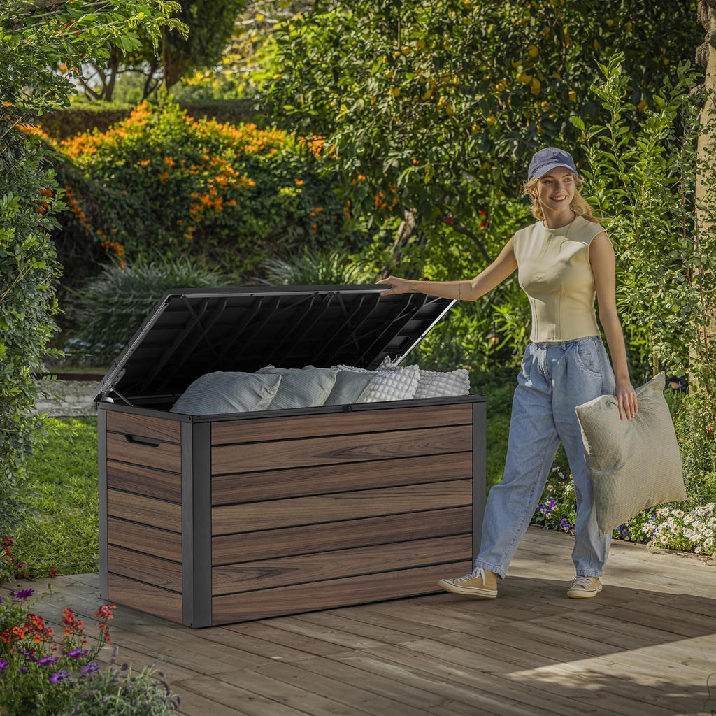 Keter Signature Ontario 575L Outdoor Storage Box – Rosewood | Weather‑Resistant Wood‑Look Storage Box with Lockable Lid, Extra Seating for 2, UV‑Protected Garden Storage