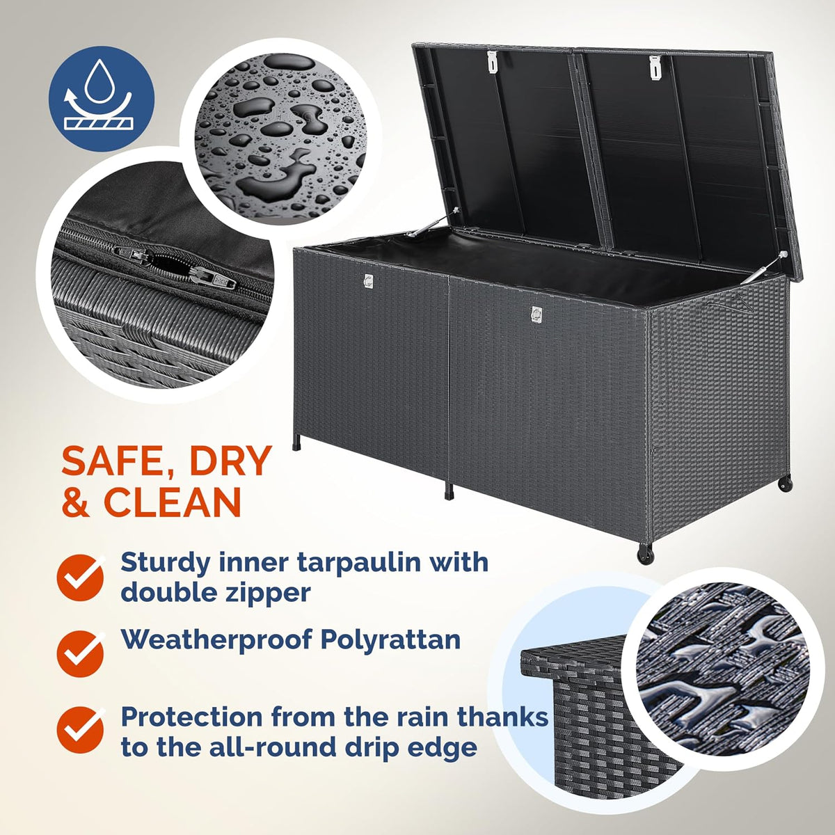 CASARIA® Rattan Garden Storage Box, Wheels & Carry Handle, Waterproof