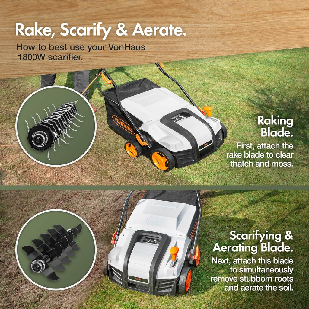 VonHaus Lawn Scarifier/Aerator/Rake Corded 1800W – 55L Box, 10m Cable